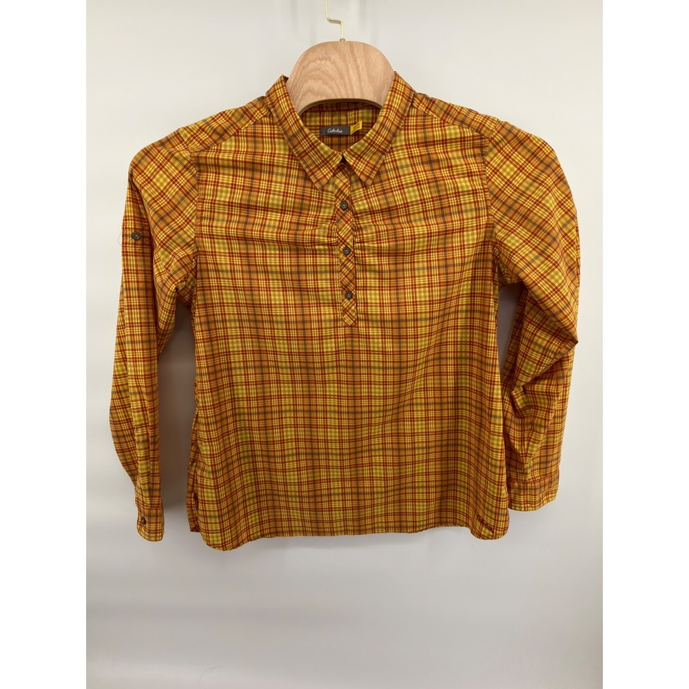 Cabelas Womens 2XL Plaid Henley Shirt Roll Tab Long Sleeve Yellow Orange Blouse